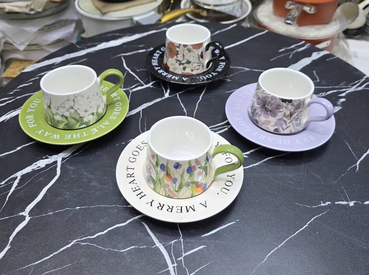 Elegant Retro Hand-printed peony Flower Coffee Cups & Saucers.