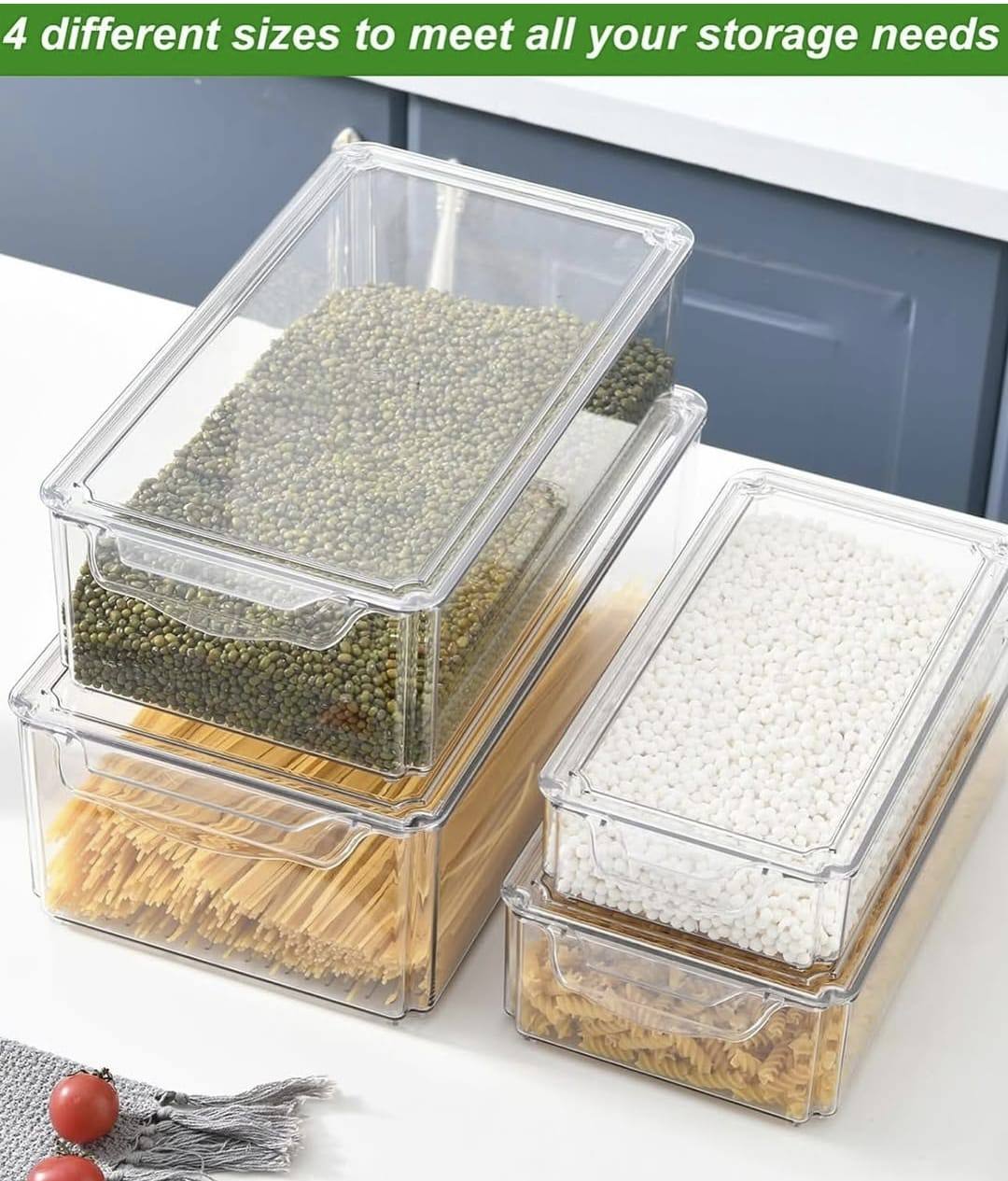 4 pcs Big capacity BPA-Free Stackable acrylic Fridge Organizer Bins with Lids