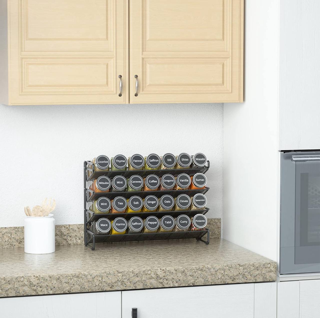 seasoning spice jars with lid and a metallic rack