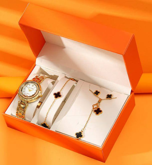 Exquisite Jewellery Gift Box for ladies Premium  Gold Quartz Watch with Bracelet Necklace and earrings.