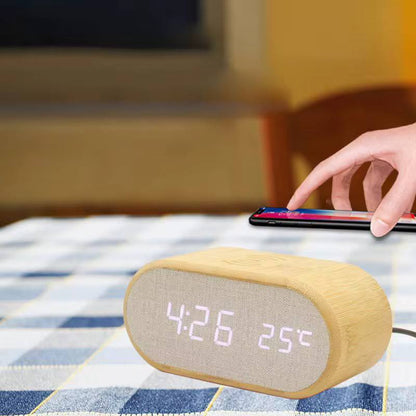 Wooden Digital Alarm Clock with wireless charging display, LED temperature, time &  humidity display