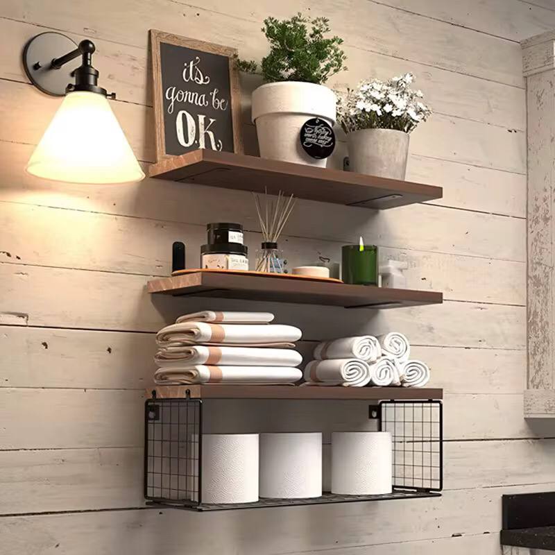 Solid pine wood bathroom floating shelves