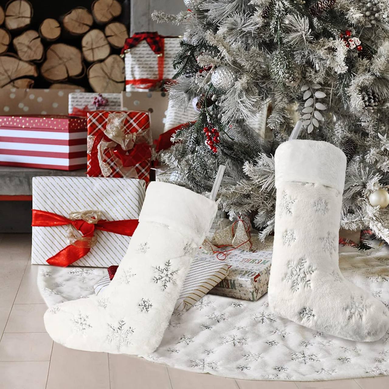 4 Pack Christmas White Faux Fur Xmas socks  with Silver Sequin Snowflakes