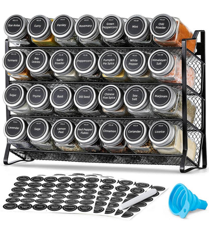 seasoning spice jars with lid and a metallic rack