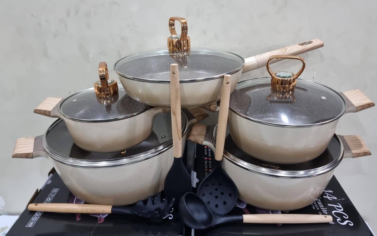 shining golden caps Uoiiy 14pc granite cookware set