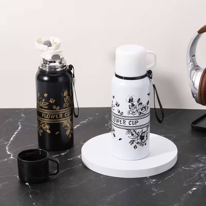 600ml Capacity black flower cup Vacuum flask