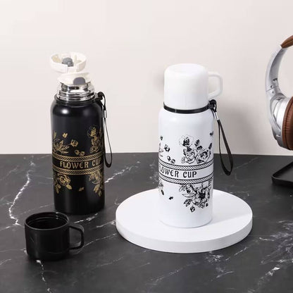 600ml Capacity black flower cup Vacuum flask