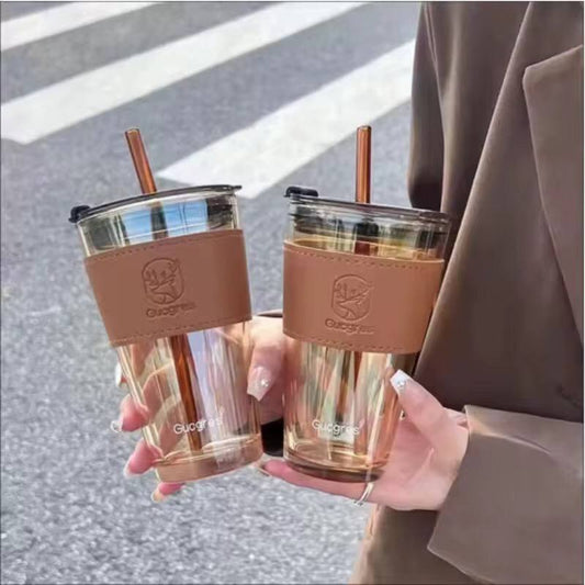 Glass Cups With Cover+Straw+Leather Sleeveand，Reusable Boba Bottle, Iced Coffee Glasses, Travel Tumbler For Bubble Tea