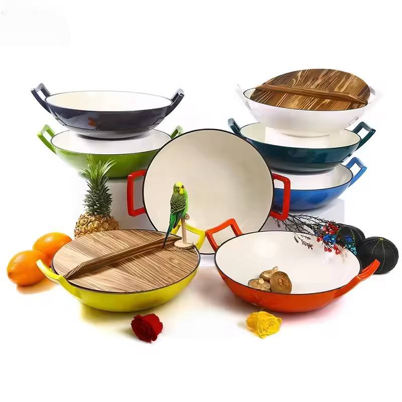 36cm Non-stick Enameled Cast iron Wok pan with wooden lid.