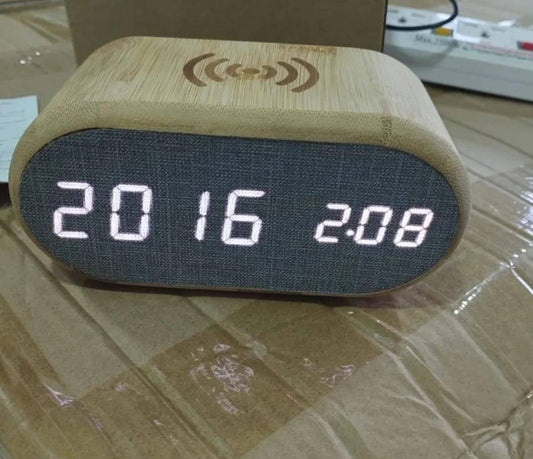 Wooden Digital Alarm Clock with wireless charging display, LED temperature, time &  humidity display