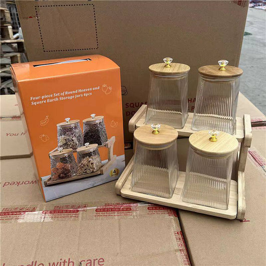 Airtight borosilicate glass, 4pc storage jar set with bamboo lid and stand