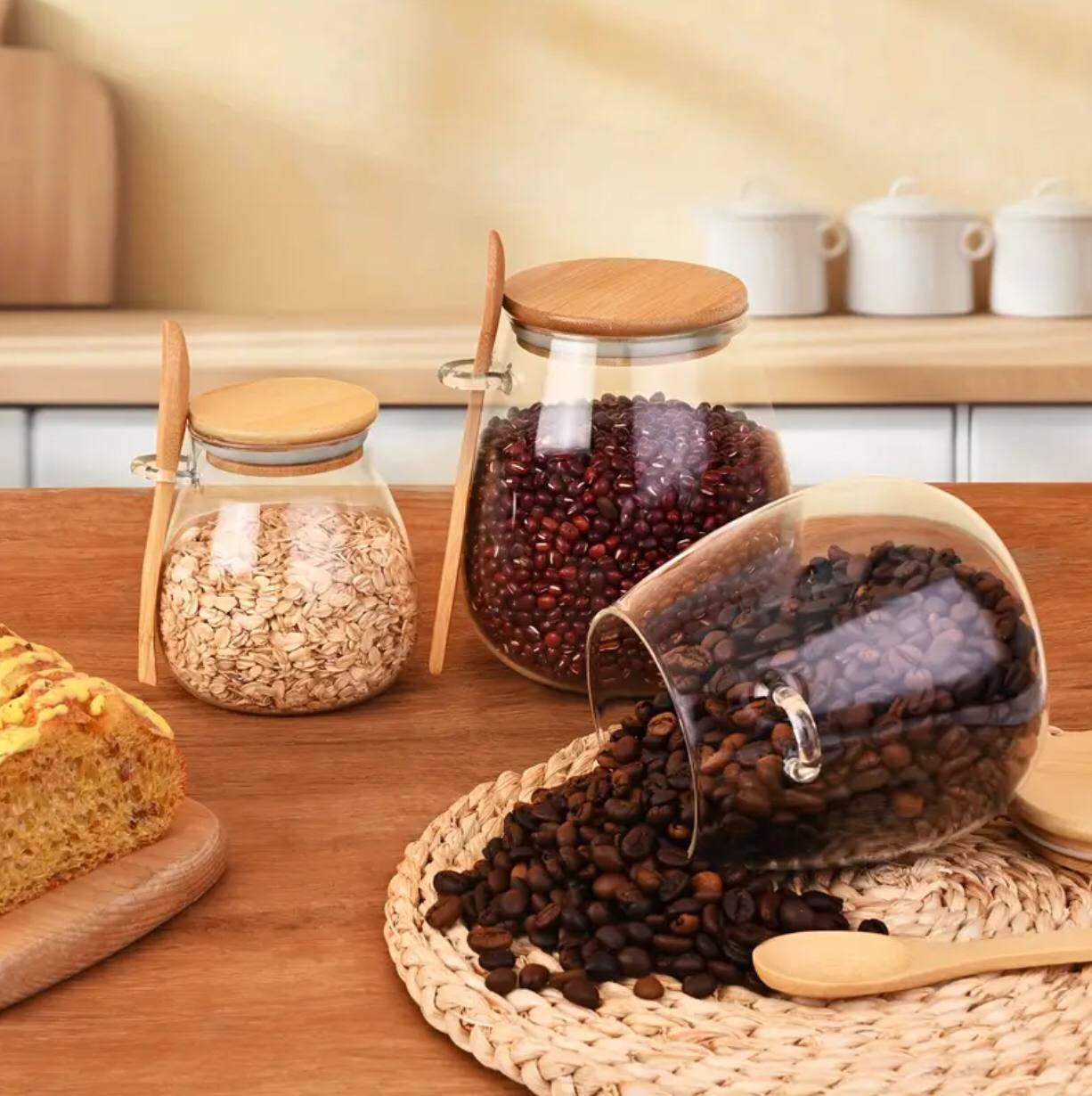 Glass storage canisters with Bamboo spoon & airtight lid