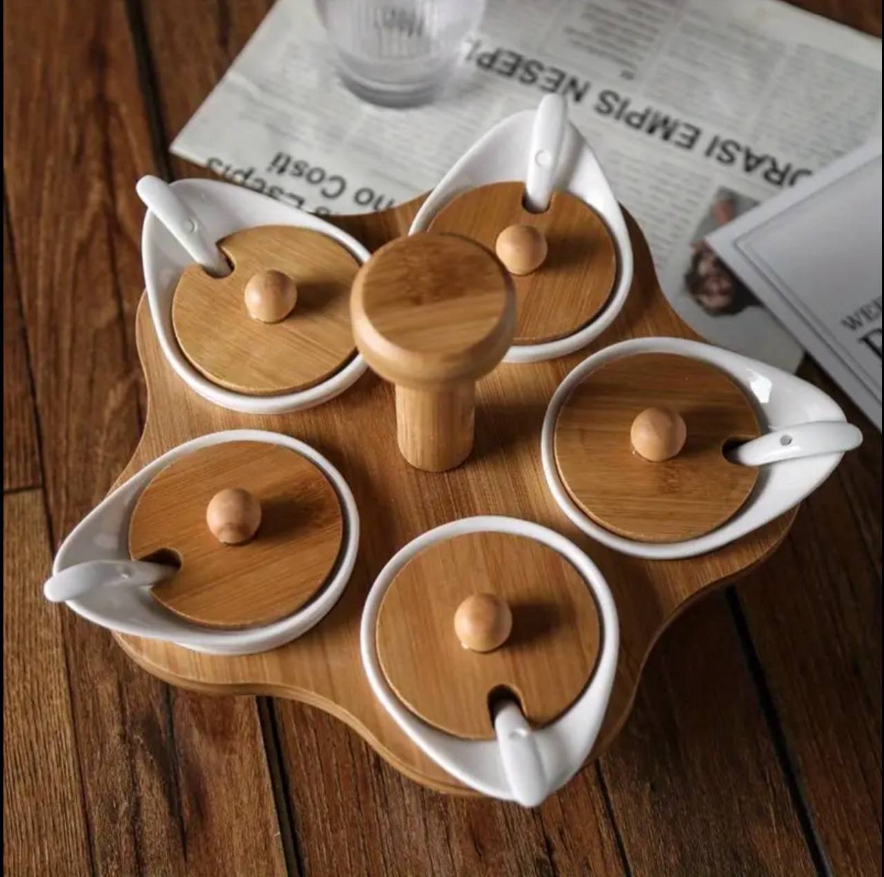 5pcs set cruets spice bowls with rotary bamboo stand