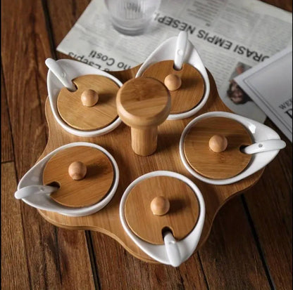 5pcs set cruets spice bowls with rotary bamboo stand