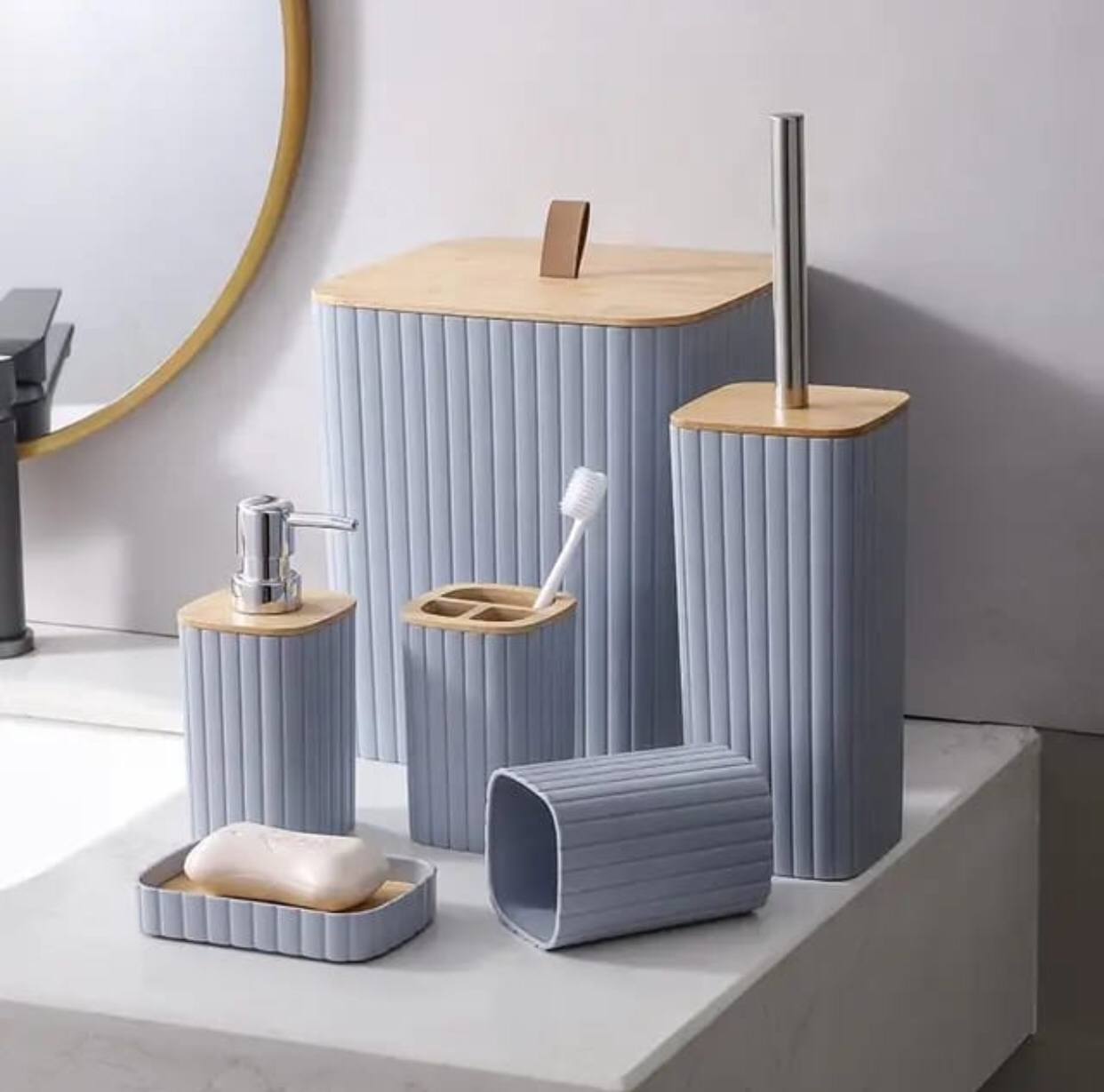 6 in 1 bathroom accessories set with wooden top