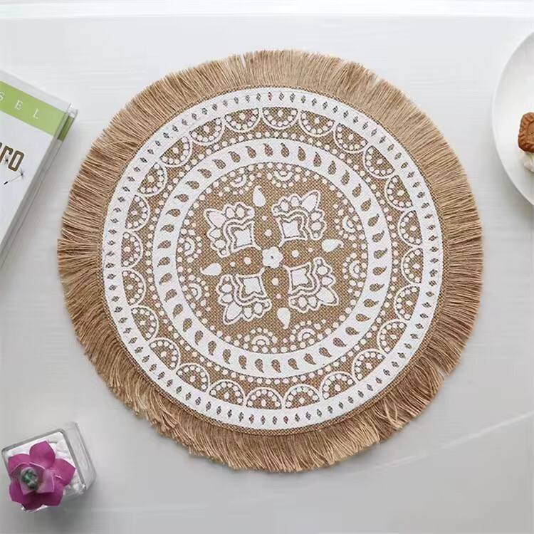 42 cm Boho woven jute dining placemats with silkscreen printing