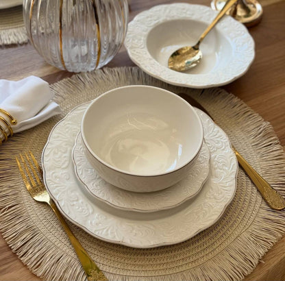 24pcs White Porcelain Embossed Ceramic dinner set with Gold rim.