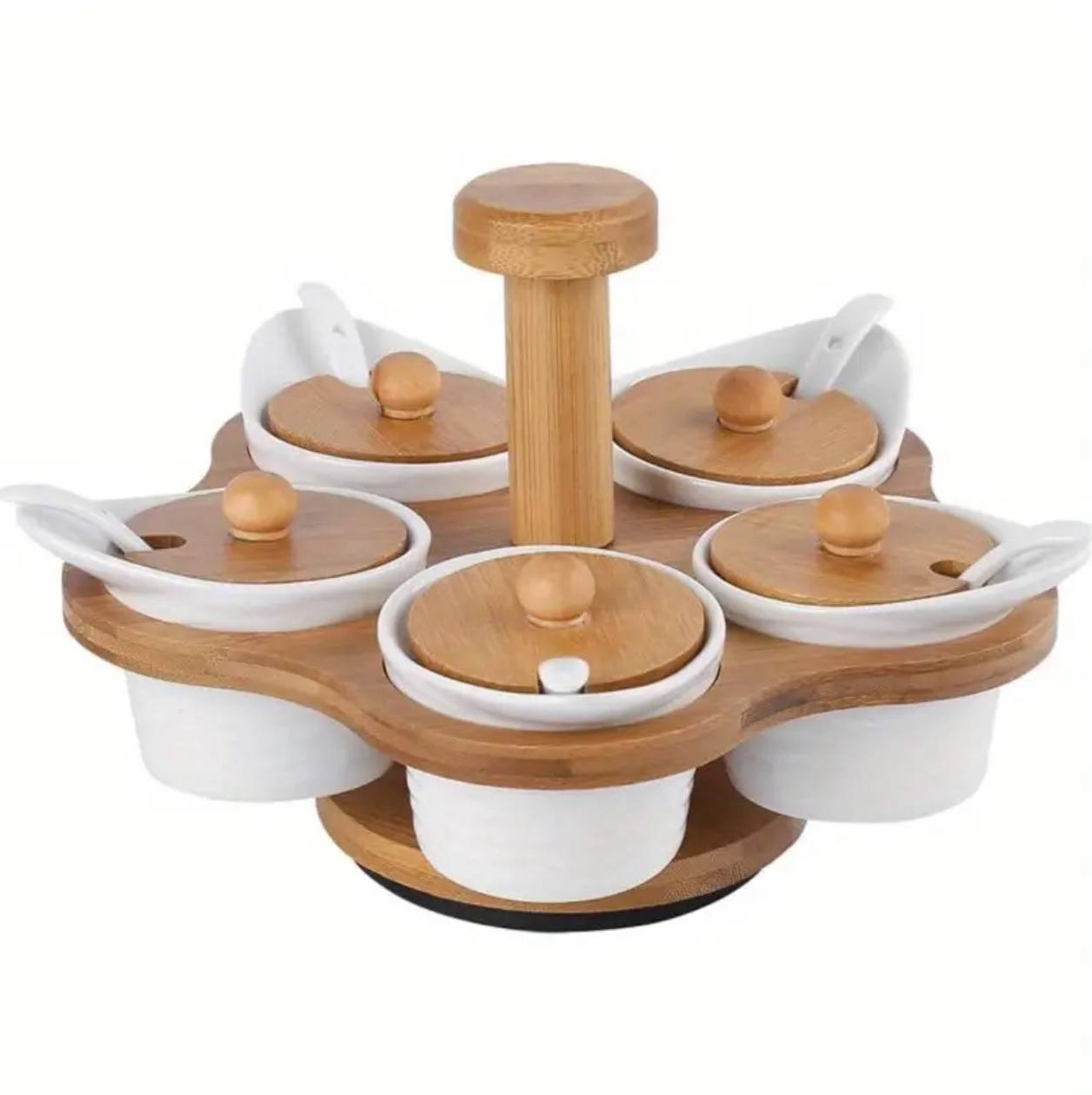 5pcs set cruets spice bowls with rotary bamboo stand