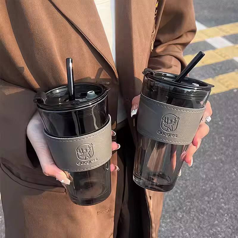 Glass Cups With Cover+Straw+Leather Sleeveand，Reusable Boba Bottle, Iced Coffee Glasses, Travel Tumbler For Bubble Tea
