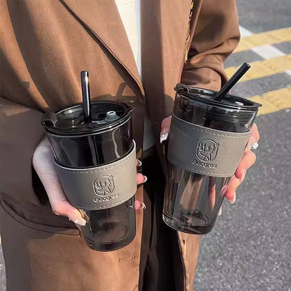 Glass Cups With Cover+Straw+Leather Sleeveand，Reusable Boba Bottle, Iced Coffee Glasses, Travel Tumbler For Bubble Tea
