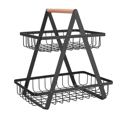 2 Tier Black Metallic Fruit Rack with Wooden Handle