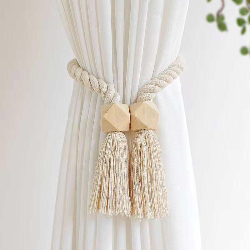 Hand-woven solid wood magnetic knot curtain tiebacks with Boho style