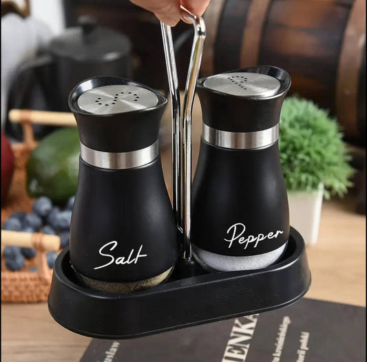 Seasoning glass salt and pepper shake set with holder