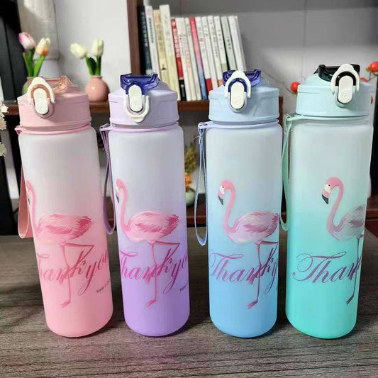 750ML Flamingo Portable Water Bottle Motivational Sports Water bottle with Time Marker Leak-proof Cup for Outdoor Sport Fitness BPA Free