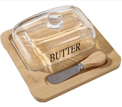 Glass butter dish with bamboo tray