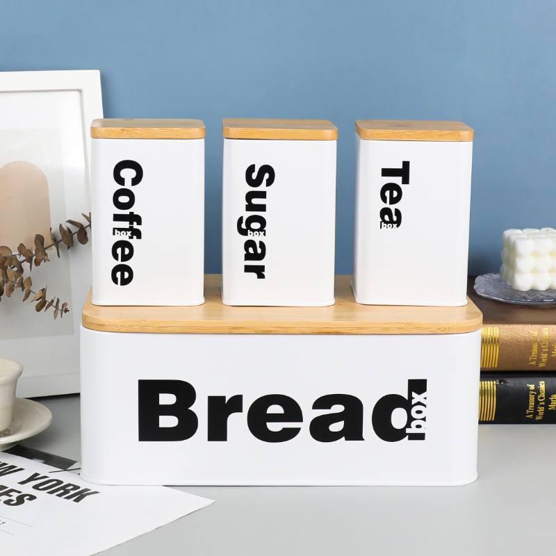 Bread Bin with Three Canister Set with Bamboo Lid