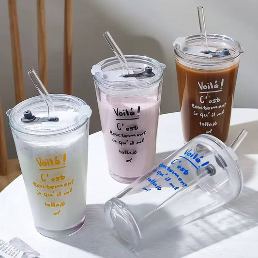Round Transparent Borosilicate Drinking Glass Cup/Tumbler with lid + Straw