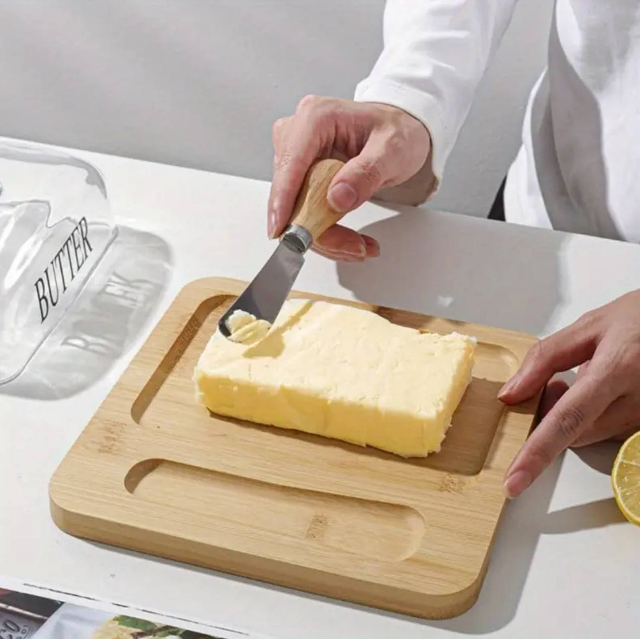 Glass butter dish with bamboo tray