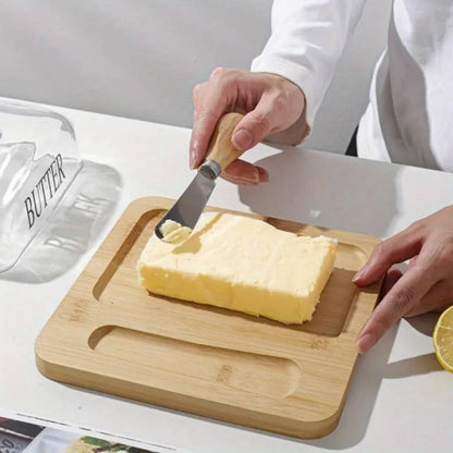Glass butter dish with bamboo tray