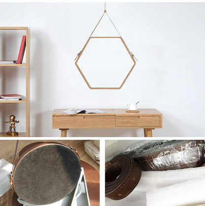 Hanging Wall Mirror Geometric Hexagon Wall Decor Mirror with PU Leather Chain