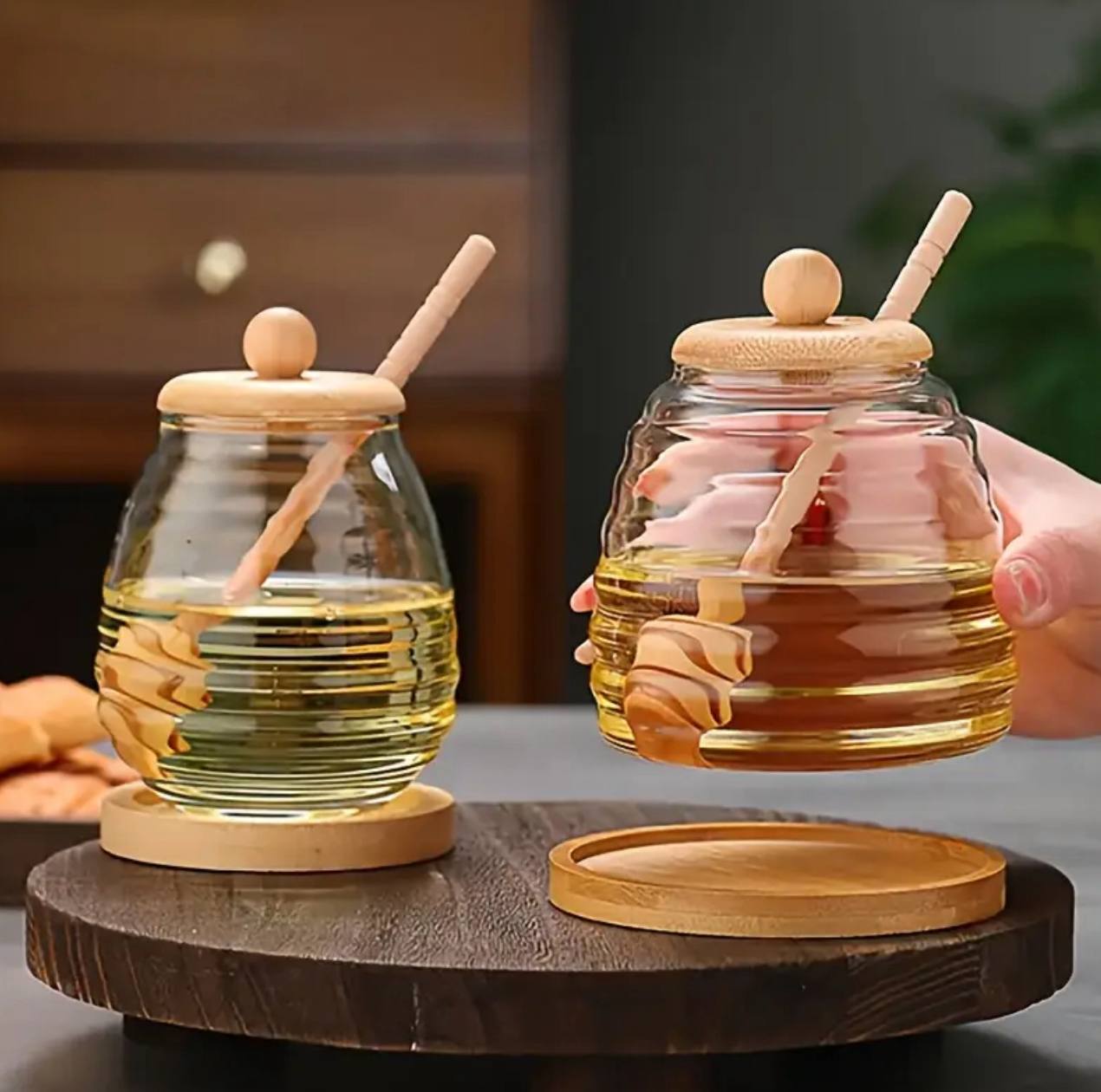 Honey canister container lid and stiring rod