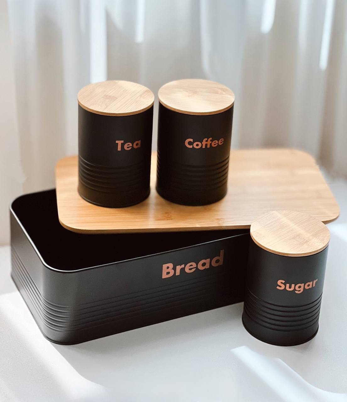 Metallic bread bin box with wooden base