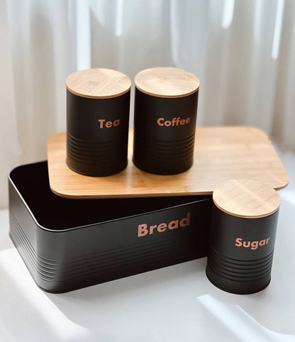 Metallic bread bin box with wooden base