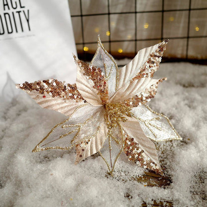 Christmas Ornament Simulation Christmas Flower Fabric Flower Arrangement Ornament Flannel Sequined Christmas Flower