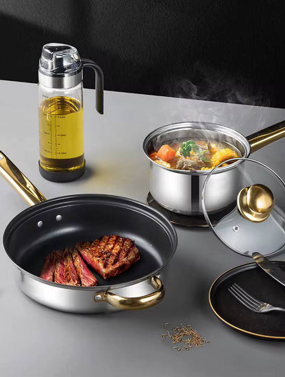 12-Piece Stainless Steel Cookware Set
Golden Handle Kitchen Pots & Pans
