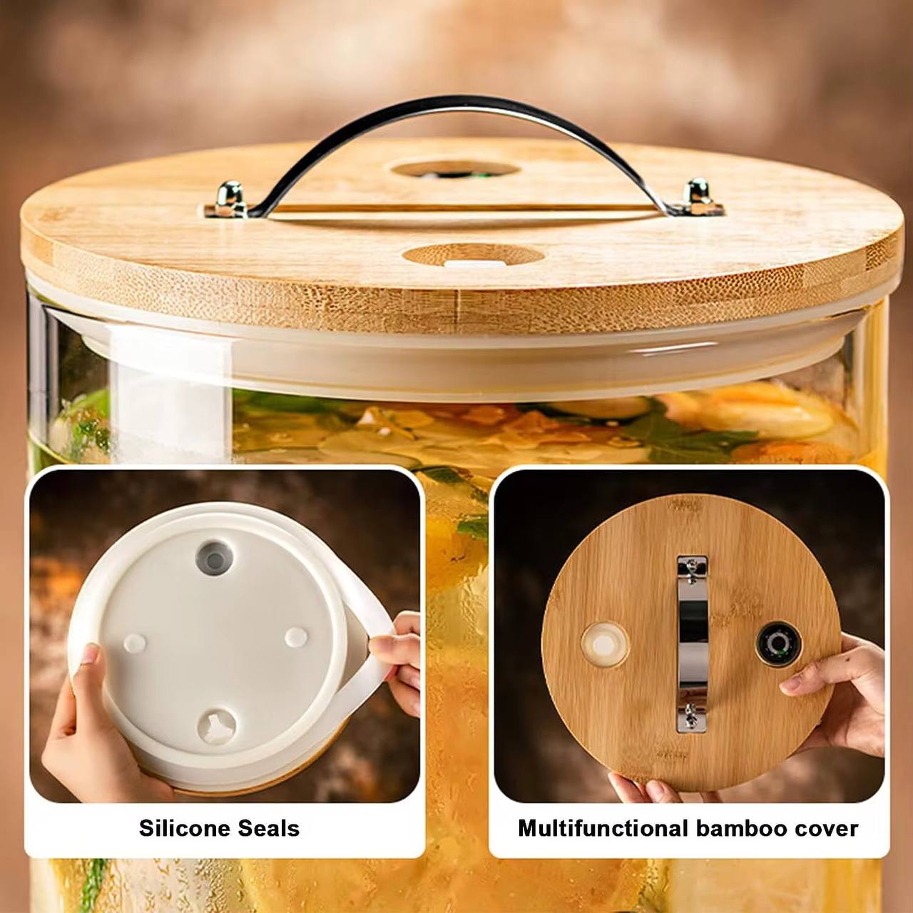 Bamboo base and lid 3.6L Golden borosilicate glass beverage dispenser