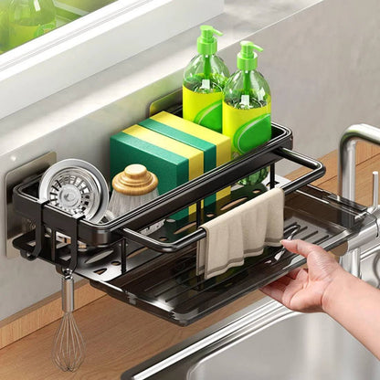 Metallic Sink caddy with a draining tray & towel hanger