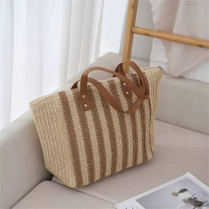 Striped pattern double handle straw bags