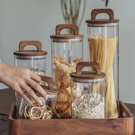 Mulit-purpose Modern Glass Sealed storage Jars with Acacia wood lid.
Multi-size Solid wood lid Ceral storage Jars.