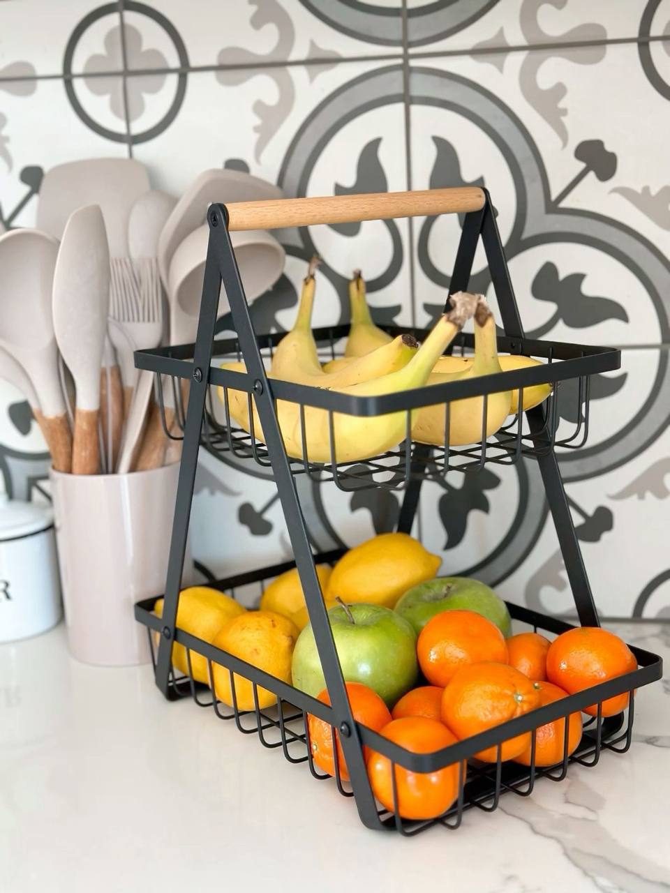 2 Tier Black Metallic Fruit Rack with Wooden Handle