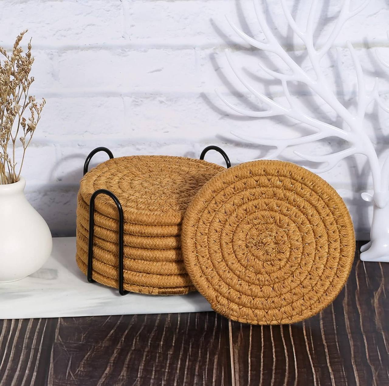 8pcs Rattan Coasters with metallic Holder