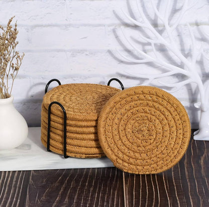 8pcs Rattan Coasters with metallic Holder
