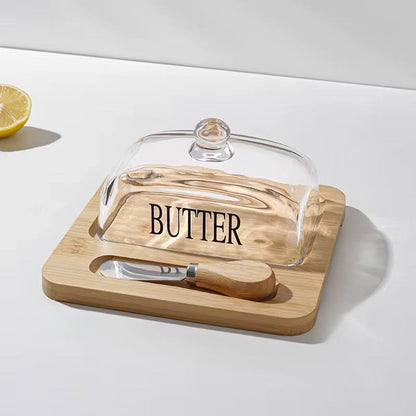 Glass butter dish with bamboo tray