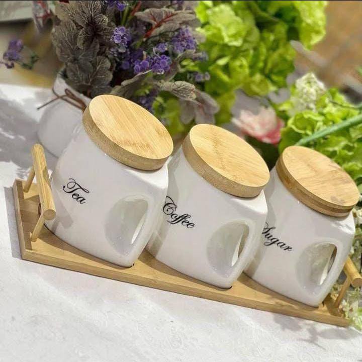 3pcs canisters set with bamboo tray, cute and elegant cans