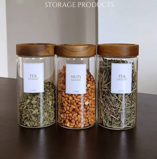 Mulit-purpose Modern Glass Sealed storage Jars with Acacia wood lid and Spoons