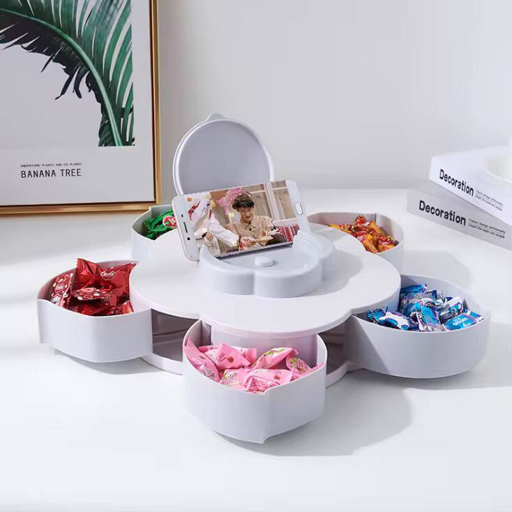 Plum-Shaped Rotating Fruit Bowl With Mobile Phone Holder / Snacks Box